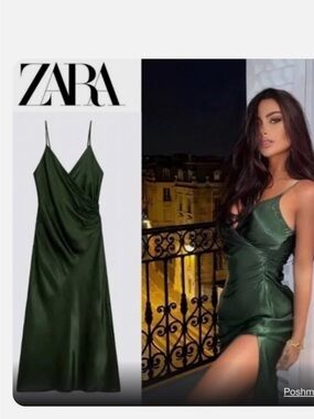 ZARA Dark Green Satin Strapless Slip Dress